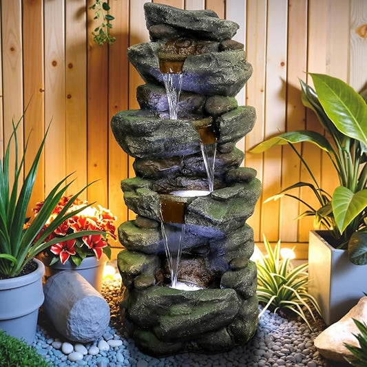 SunJet 40in Outdoor Water Fountain with LED Lights - 4-Tier Polyresin Rock Water Fountain for Home Garden, Yard, Patio, Deck Decor - Soothing Tranquility Floor-Standing Fountains