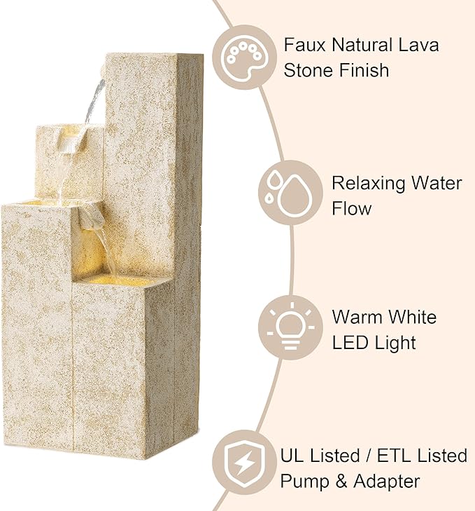 Glitzhome 34" H Outdoor Water Fountain with LED Light and Pump, 4-Tier Vintage Faux Terrazzo Geometric Square Column Polyresin Outdoor Floor Standing Fountain for Porch Deck Patio Backyard