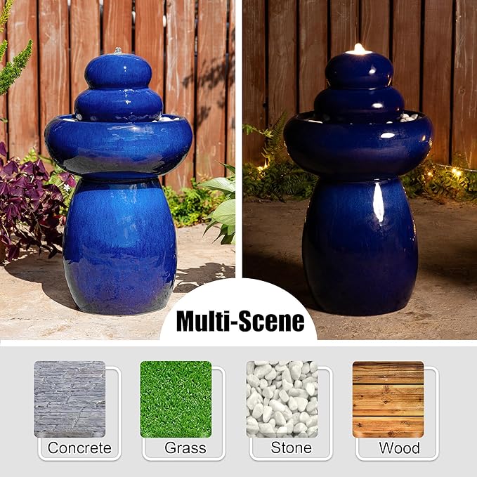 Glitzhome 22" H Zen-Style Outdoor Ceramic Fountain, 3 Tier Pedestal Cascading Water Fountains with LED Light & Pump, Cobalt Blue Pebbles Garden Fountains Waterfalls for Patio, Deck, Porch Decor