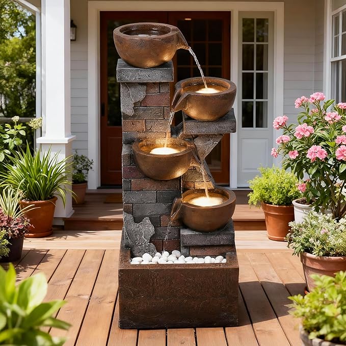 5 Tiers Water Fountain Outdoor Garden - 33.5" H Shape K Indoor Waterfall Fountain with LED Lights for Patio, Balconies, Lawns, Deck, Porch Backyard and Home Art Decor