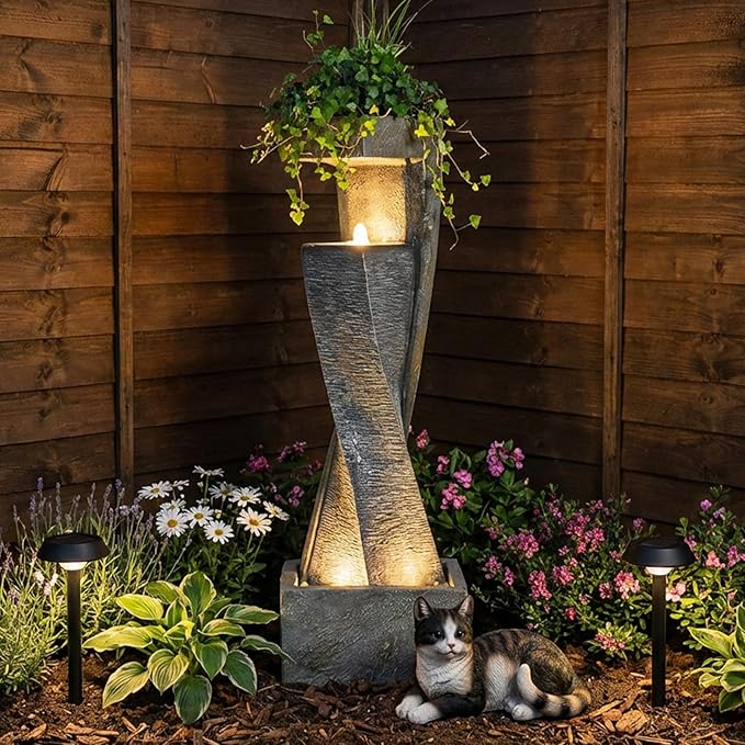 47.2" H Garden Fountains Outdoor Modern Water Fountain Indoor Floor Standing Large Waterfall with LED Lights and Pump for Patio Decor, Yard Decorations