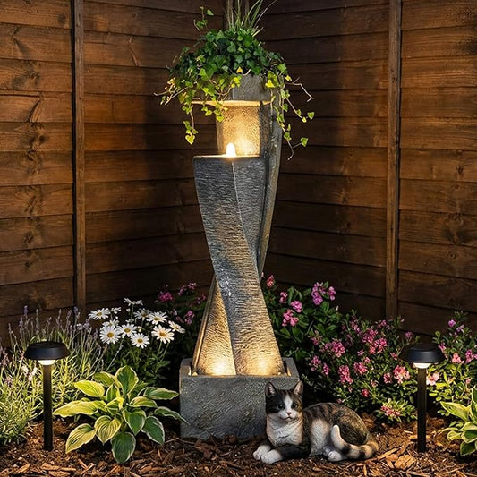 47.2" H Garden Fountains Outdoor Modern Water Fountain Indoor Floor Standing Large Waterfall with LED Lights and Pump for Patio Decor, Yard Decorations