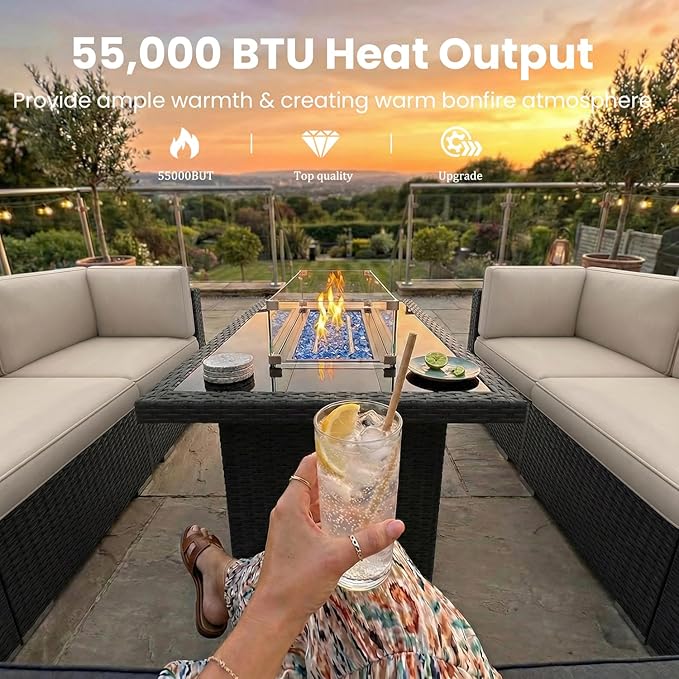10 Pieces Patio Furniture Set with 44" Propane Gas Fire Pit Table, Outdoor Sectional Wicker Conversation Sofa Sets with Coffee Table