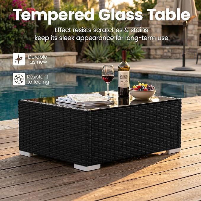 15 Pieces Patio Furniture Set with 44" Propane Gas Fire Pit Table, Outdoor Sectional Wicker Conversation Sofa Sets with Coffee Table