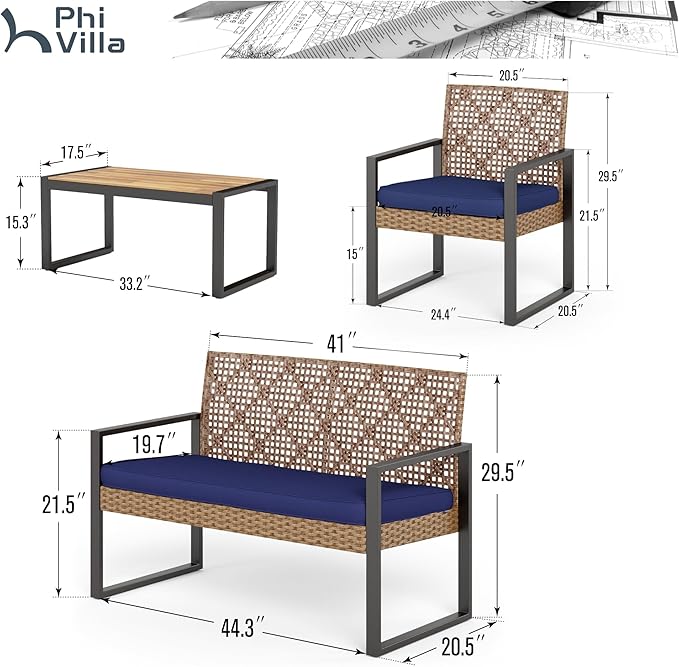 PHI VILLA Patio Wicker Furniture Set for 4, Brown Rattan Loveseat & Chairs with Blue Cushions & Acacia Wood Coffee Table, Outdoor Modern Sectional Conversation Sofa Set for Deck, Yard, Porch