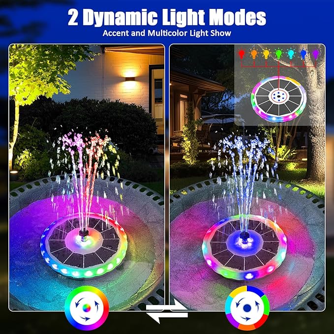 SZMP Solar Fountain, Upgrade 4W Solar Bird Bath Pump with 4000mAh Battery, Color LED Lights, Outdoor Solar Powered Water Fountain Pump with 7 Nozzles and 4 Fixers for Garden (Multi-Color)