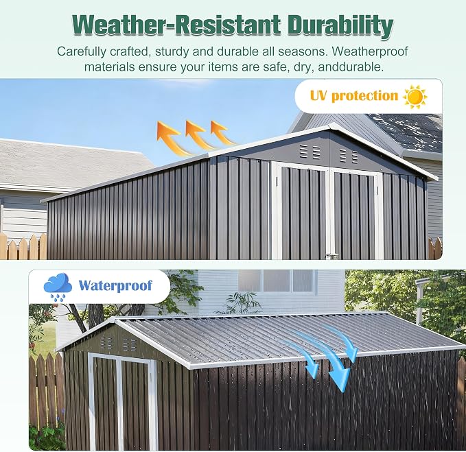 YOPTO 8x12 FT Large Outdoor Storage Shed with Lockable Doors & Floor Base,Weather-Resistant Metal Tool Shed for Garden, Backyard,Patio,Lawn,Gray - Image 6