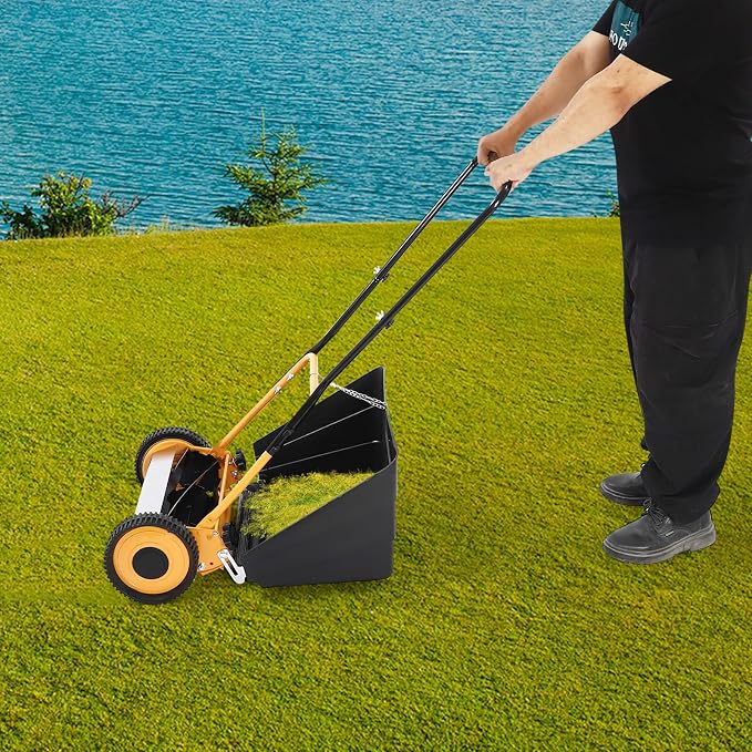 14" Push Reel Lawn Mower with Grass Catcher, Manual 4-Blade Hand Mower, 0.47"-1.65" Adjustable Cutting Height, Lightweight & Eco-Friendly - Image 2
