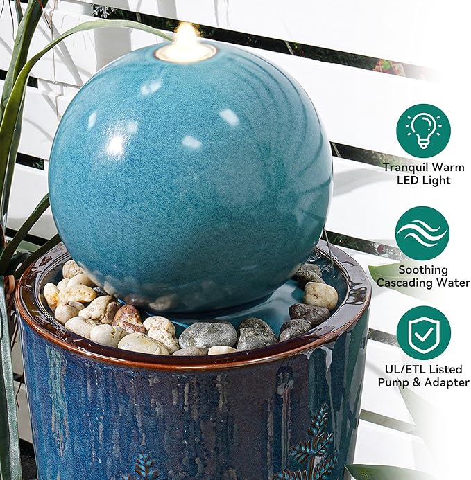 29.5" H Ceramic Sphere Water Fountain with LED Light, Modern Nature-Inspired Design, Teal Blue Glaze with Leaf Patterns & Decorative Pebbles, Soothing Water Feature for Patio, Yard or Garden
