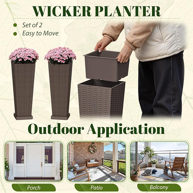 JUMMICO Set of 2 Resin Rattan Tall Planters for Outdoor Plants, Large Tapered Planters with Drainage Holes, Inner Trays and Outer Saucers, Flower Pots for Garden, Patio, Porch, Backyard (Brown, 24")