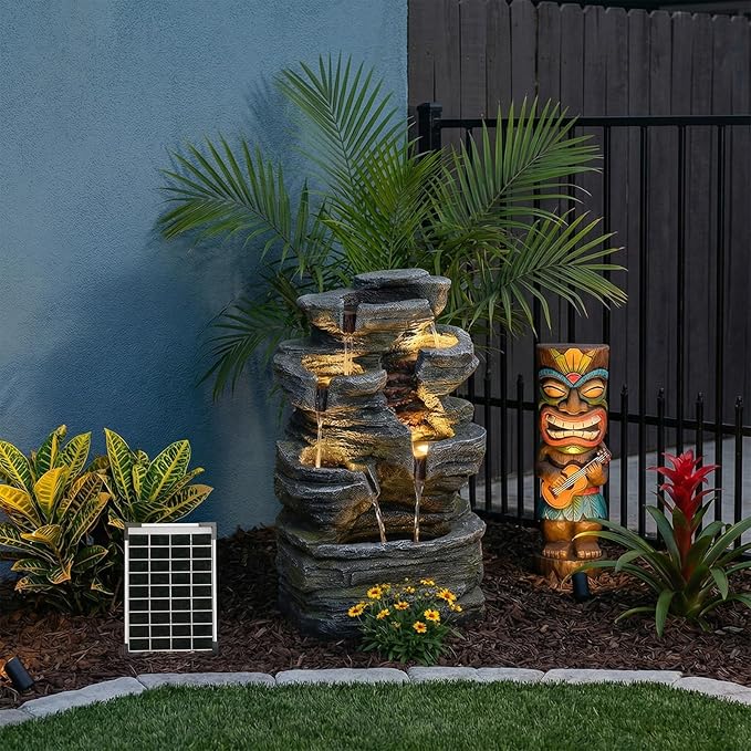 6 Tier Cascading Rock Solar Water Fountain Outdoor Garden Waterfall Decor for Garden, Patio, Backyard, Deck, Porch and Home Art Decor,24.4" H Outdoor Fountain with LED Lights