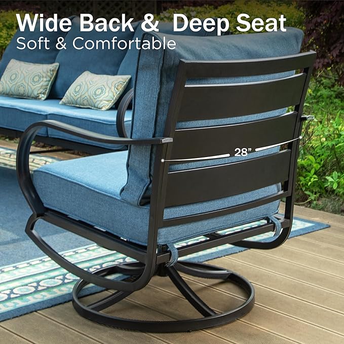 PHI VILLA 7 PCS Patio Furniture Set,Metal Outdoor Furniture with 1x 3 Seater Cushioned Deep Seating Bench Sofa, 2 Swivel Chair, 2 x Leg Chairs & 2 Ottoman for 7 Person, Navy Blue