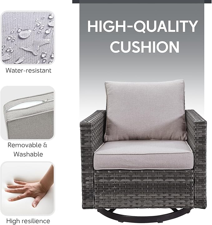 5 Piece Wicker Patio Furniture with Fire Pit Table - Outdoor Conversation Set with 50,000 BTU Fire Pit, All Weather Rattan Patio Set for Deck Backyard Garden - Grey Wicker Beige Cushion