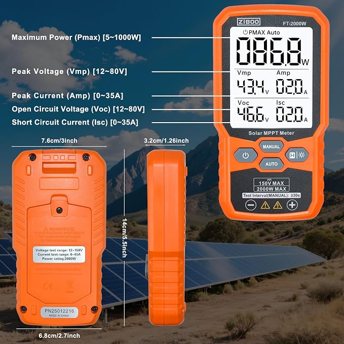 ZIBOO FT-2000W Solar Panel Tester MPPT Meter - 2000W Max Power, 150V/35A PV Module Tester for Voc/Isc, Open Circuit Voltage & Short Circuit Current, with Backlight & Data Hold - Image 6