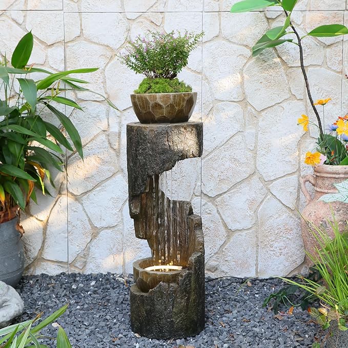 Outdoor Fountain Garden - Patio Waterfall Fountain with Lights, Rustic Wood-Style Cascading Waterfall with Planter Bird Feeder, Resin Water Feature for Deck, Patio, Backyard or Porch, 33.9" H