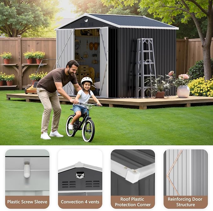 10x8 FT Outdoor Storage Shed, Metal Garden Shed - Tool Storage Sheds with Lockable Doors, Waterproof Outside Storage Building for Backyard, Patio (Black; Floor Not Included) - Image 8