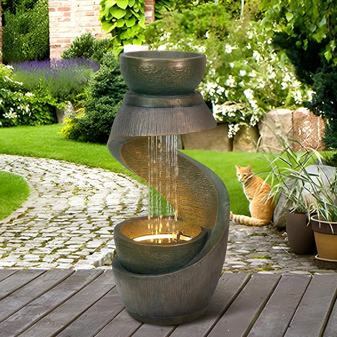 31.9" Outdoor Water Fountain with Lights – S-Shaped Water Feature Outdoor Modern Resin Waterfall Feature with Bowl Planter, Decorative Garden Fountain for Patio Balcony Porch Yard, Gold
