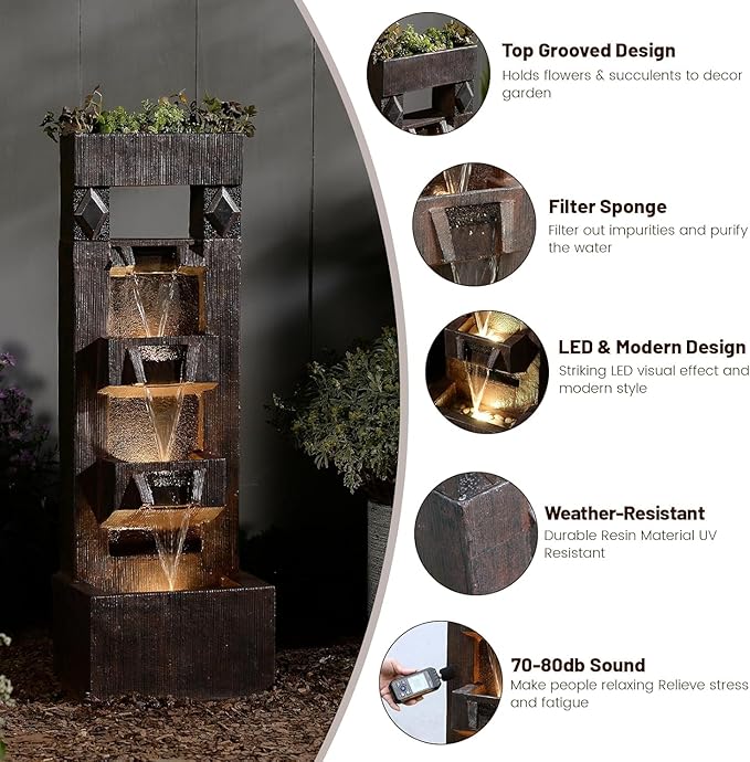 40.9" H Indoor Outdoor Modern Water Fountain with Lights & Pump, 4-Tier Cascading Outdoor Patio Waterfall Fountain for Garden, Porch, Yard, Landscape, Indoor Décor, Brown Vintage Wood-Look