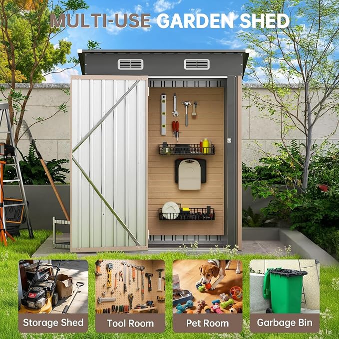 5x2.5 FT Vertical Metal Storage Shed, Lockable Outdoor Garden Tool Shed with Sloped Roof, Heavy-Duty Steel Utility Shed for Patio Backyard, Brown - Image 6