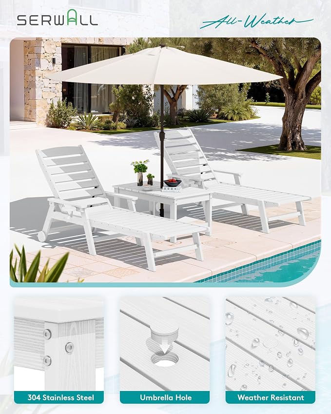 SERWALL Outdoor Coffee Table with 9FT Umbrella, HDPE Patio Coffee Table for Outside, Rectangle, White(Not Include Umbrella Base) - Image 7