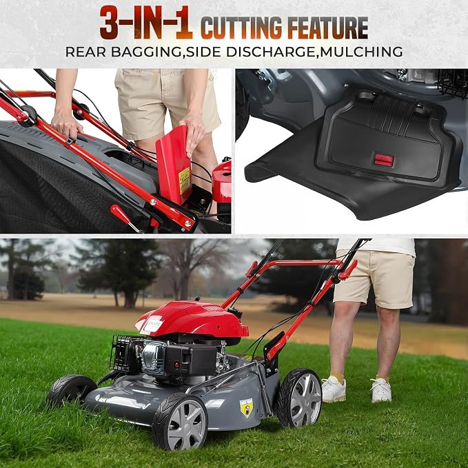 173cc Gas Powered Self Propelled Lawn Mower[Foldable] - Easy to Start, 3 in 1 Multi Functional Gas Push Lawnmower with 60L Grass Tank for Yard Garden, Self-Propelled Rear Wheel System, 20 Inch Red - Image 4