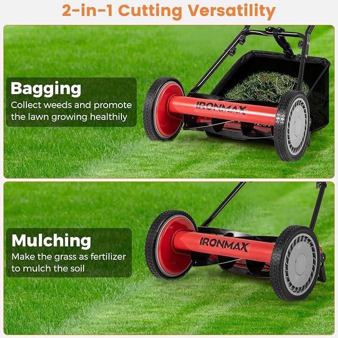 IRONMAX Lawn Mower, 16 Inch Push Reel Lawn Mower with 5 Steel Blades, Adjustable Cutting Heights, Grass Catcher Bag, Walk-Behind Manual Lawnmower for Garden Park Yard, No Motor (Red, 16 Inch) - Image 7