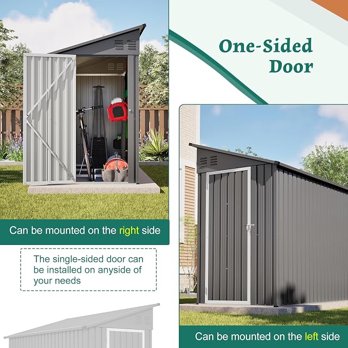 YOPTO 4×8 FT Lean to Metal Shed,Outdoor Heavy-Duty Storage Shed with Floor Base,All Weather Waterproof Garden Tool House W/Lockable Door&2 Air Vents,Reversible Door Design,for Backyard,Patio,Lawn,Gray - Image 8