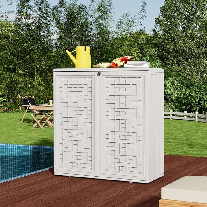 ZZM HDPE Outdoor Storage Shed, Outdoor Plastic Storage Cabinet, Horizontal Resin Tool Shed for Garden, All Weather Outdoor Storage Clearance, DIY Usage, with one Shelf (White) - Image 2