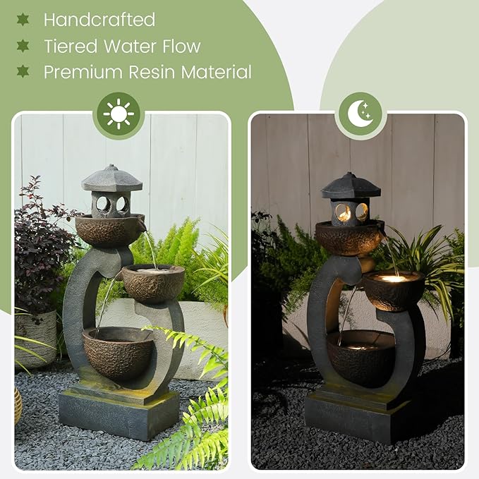 Outdoor Water Fountain with LED Lights, 3-Tier Zen Garden Fountain for Patio, Yard & Porch Decor – Durable Resin Waterfall Feature with Modern Japanese-Style Design, 35” Tall
