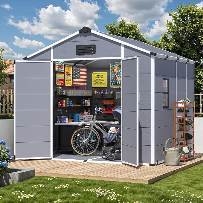 MELLCOM 8 x 8 FT Resin Outdoor Storage Shed with Floor, Storage Tool Shed with Windows and Lockable Door, Resin Garden Shed for Lawnmower, Bike, Pool Supply by MELLCOM
