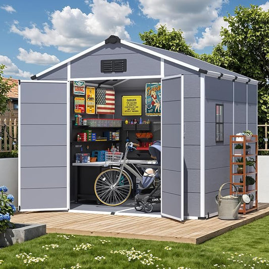 MELLCOM 8 x 8 FT Resin Outdoor Storage Shed with Floor, Storage Tool Shed with Windows and Lockable Door, Resin Garden Shed for Lawnmower, Bike, Pool Supply by MELLCOM