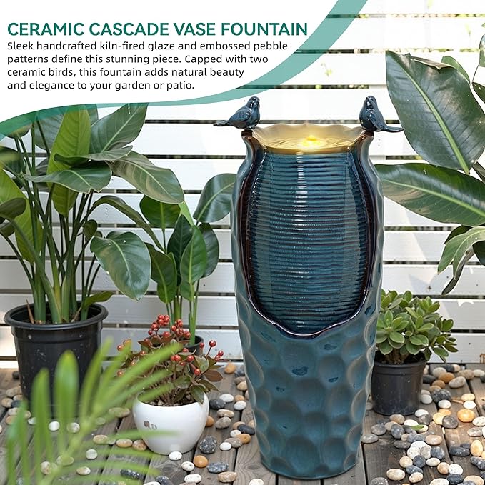 32.5" H Ceramic Jar Outdoor Fountain, Honeycomb Pot Water Feature with LED Lights, Soothing Trickling Waterfall for Garden, Patio, Yard, Balcony Oasis, KD Vivid Birds, Turquoise Glaze