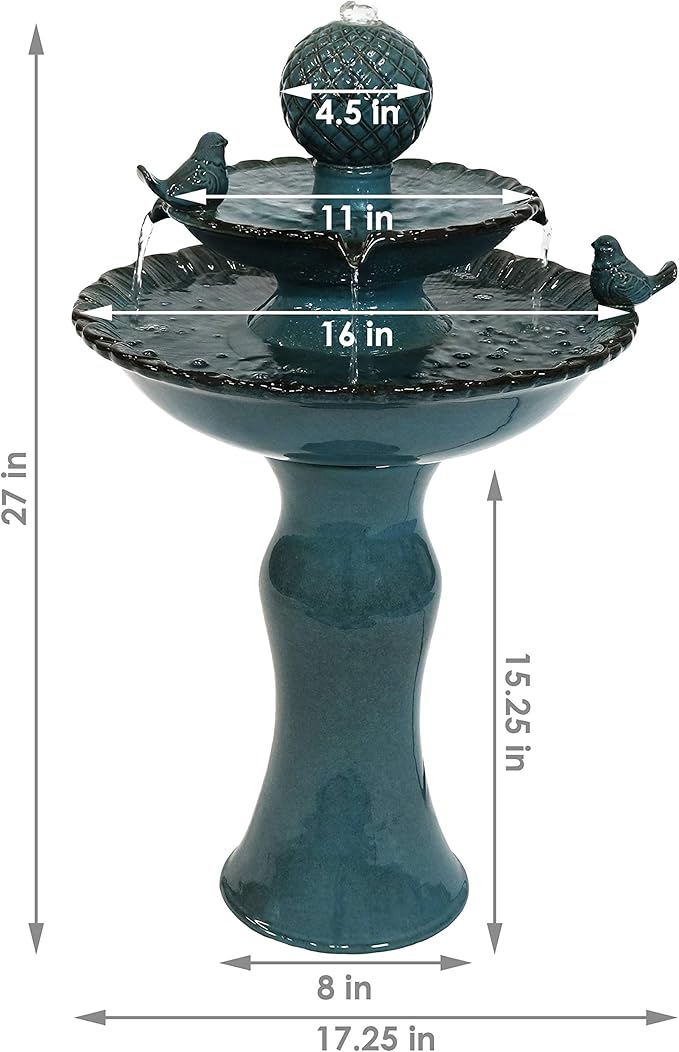 Sunnydaze 27" H 2-Tier Ceramic Water Fountain - Outdoor Water Feature for Patio, Yard, Balcony - Garden Fountain - Blue