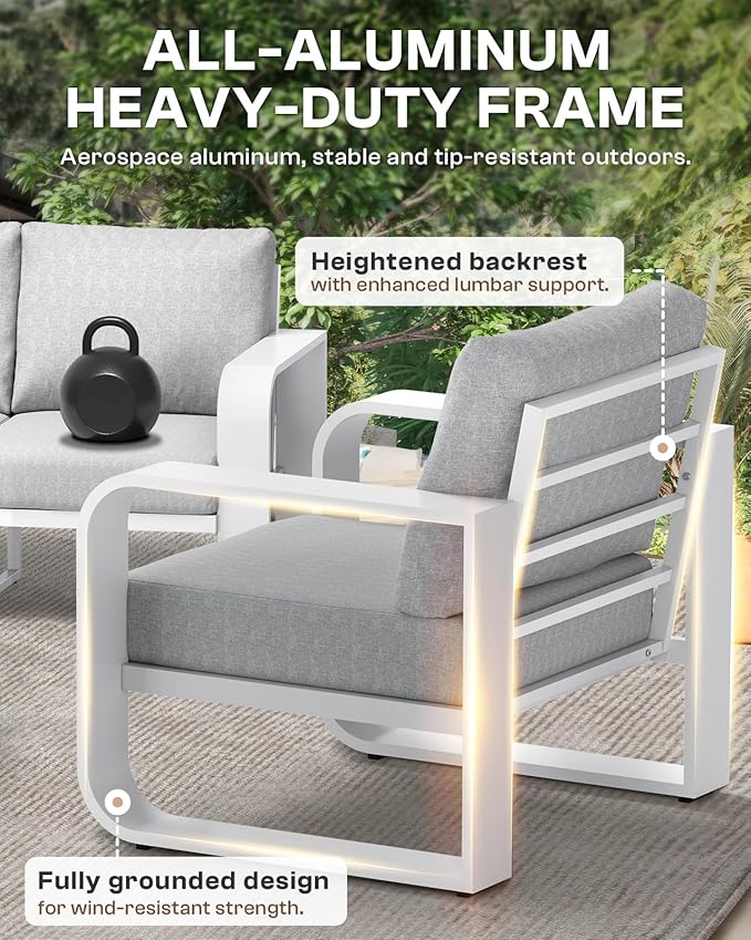 Aluminum Outdoor Patio Furniture Set, 5 Piece Oversized Patio Conversation Sets Widened Armrest & Ultra-Thick Cushions, Heavy Duty Modern Sectional Furniture for Backyard, Porch, White