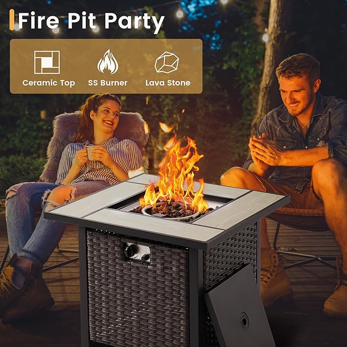 HOOOWOOO Patio Furniture Set,7 Piece Outdoor Furniture Set with Fire Pit Table,Wicker Patio Conversation Couch Swivel Chairs Ottoman Set,Beige