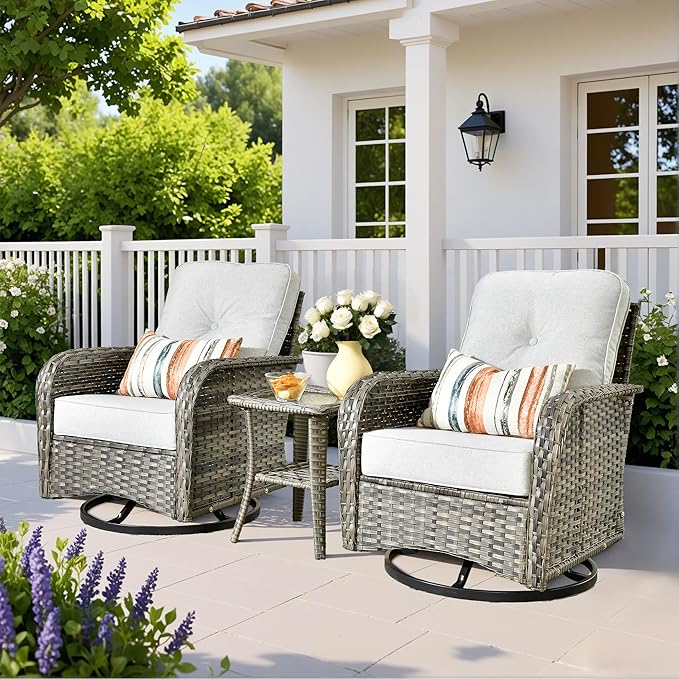 Wicker Rocking Chair Swivel Chairs - 3 Piece Rocker Glider Patio Chairs Set Rattan Rocking Chair for Outdoor Porch Deck Garden Backyard,Grey