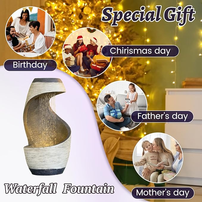 Modern Free Standing Water Fountain, Spiral Indoor Water Feature Waterfall for Patio, Balconies, Lawns, Desk 20" H Garden Fountain with Cascading Waterfall and LED Light, Home Decor
