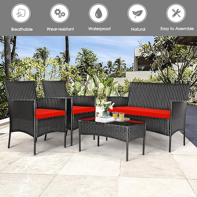 4 Pieces Patio Furniture Set, Outdoor Conversation Set with Ergonomic Curved Backrest, Patio Chair Set with Water-Resistant Cushion & Tempered Glass Table for Balcony,Porch,Poolside (Red)