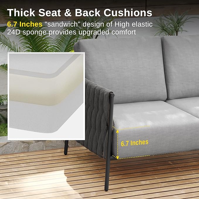 East Oak Patio Furniture Set, 4-Piece Outdoor Patio Set with Sofa, Removable & Washable Deep Seating Cushion, Tempered Glass Table, Outside Patio Conversation Sets, 25 Upgraded, Light Gray & Black