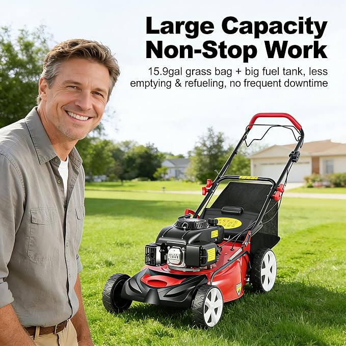 Self-Propelled Gas Lawn Mower, 140CC 5HP 4-Stroke OHV Engine, 20in Cutting Width 8 Adjustable Heights (1-3.2in), 15.9Gal Grass Bag for Yard Garden Lawn Maintenance - Image 3