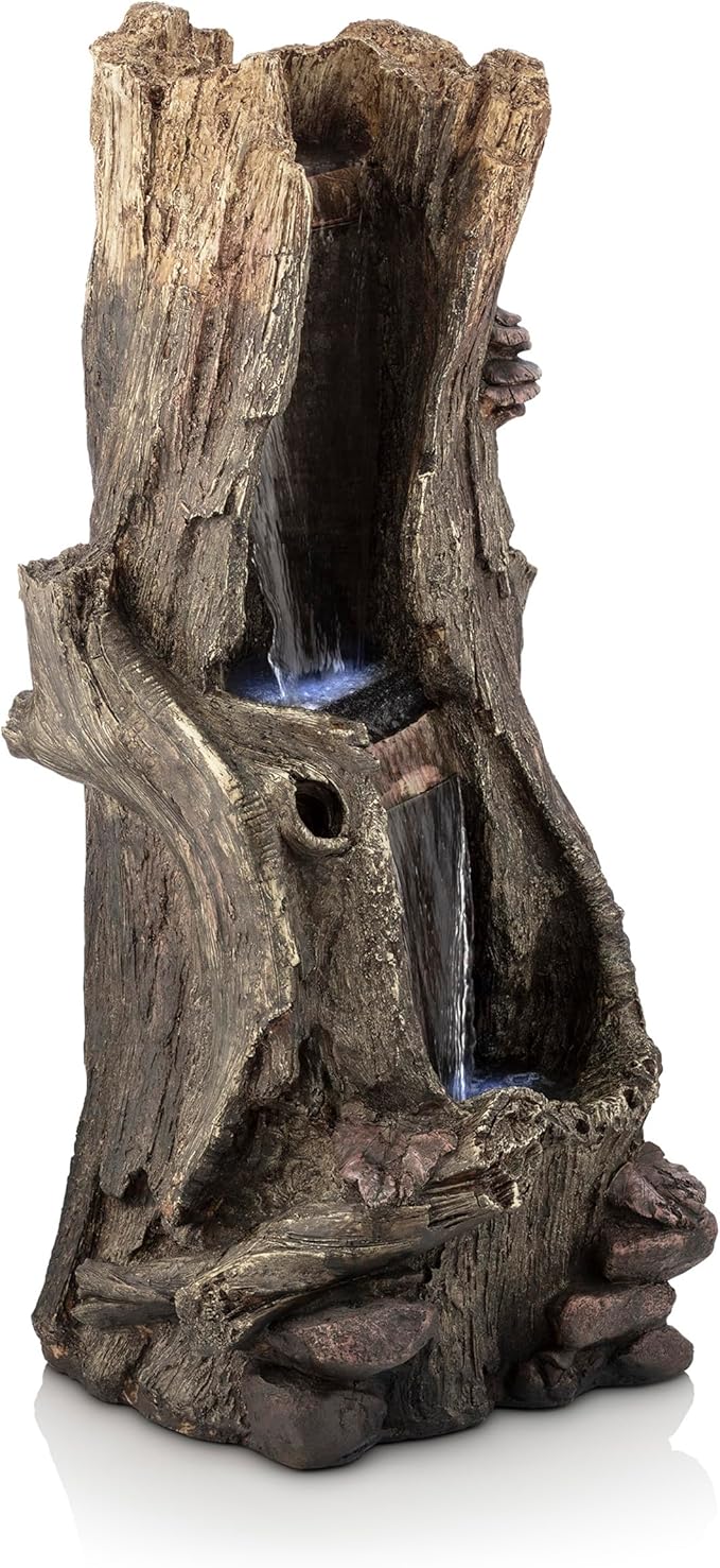 Alpine Corporation WIN258 Outdoor Rainforest Waterfall Tree Trunk Floor Fountain with LED Lights, Tiered Garden Decor, 41" H, Brown