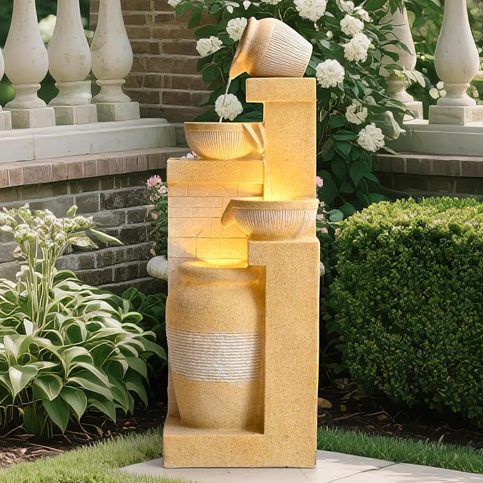 42.52" Outdoor Garden Water Fountain with Lights 4 Tiers Cascading Large Waterfall Floor Standing Fountain for Patio, Backyard, Deck, Porch and Home Art Decor
