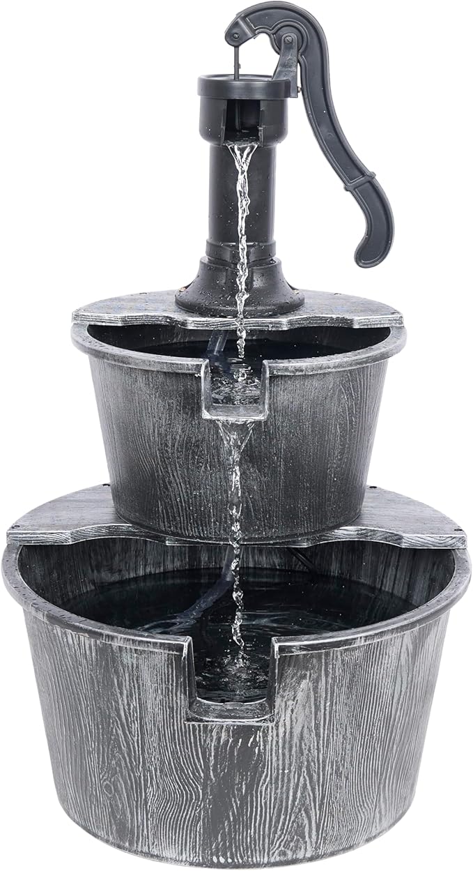 Alpine Corporation 27" Tall Rustic Outdoor 2-Tier Barrel Pump Water Fountain with Soothing Cascading Water Flow for Patio, Yard, Porch, or Landscape, Gray