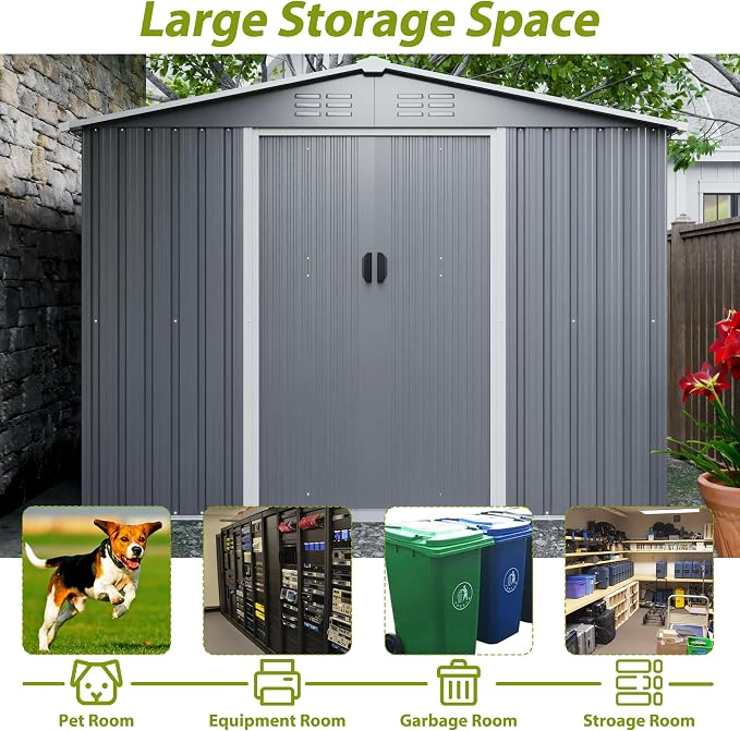 YOPTO 8X6 FT Outdoor Storage Shed with Roof,Waterproof House Tool Cabinet W/Metal Foundation & Lockable Doors,for Shovels,Umbrellas,Antennas,Escalators,Gray - Image 8