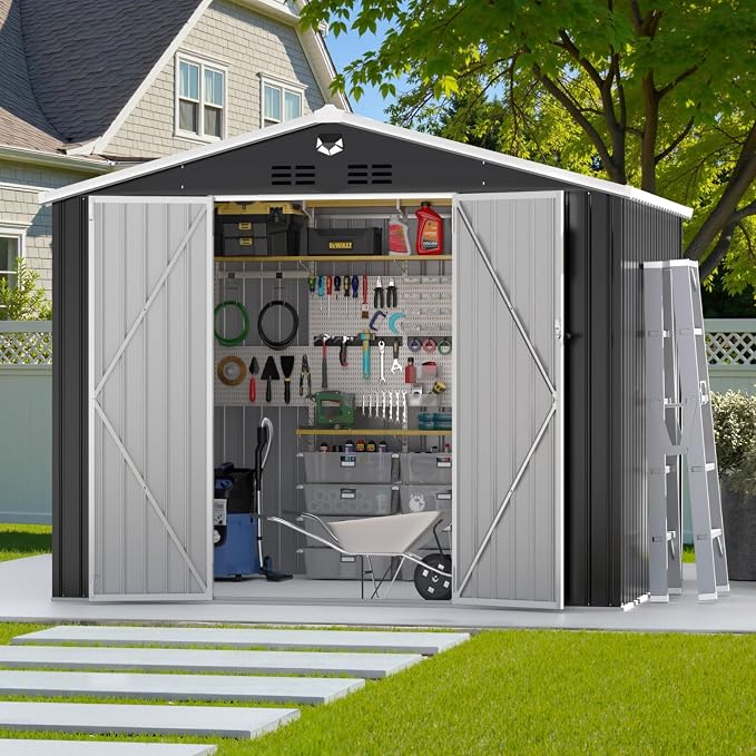 10x8 FT Outdoor Storage Shed, Metal Garden Shed - Tool Storage Sheds with Lockable Doors, Waterproof Outside Storage Building for Backyard, Patio (Black; Floor Not Included) - Image 3