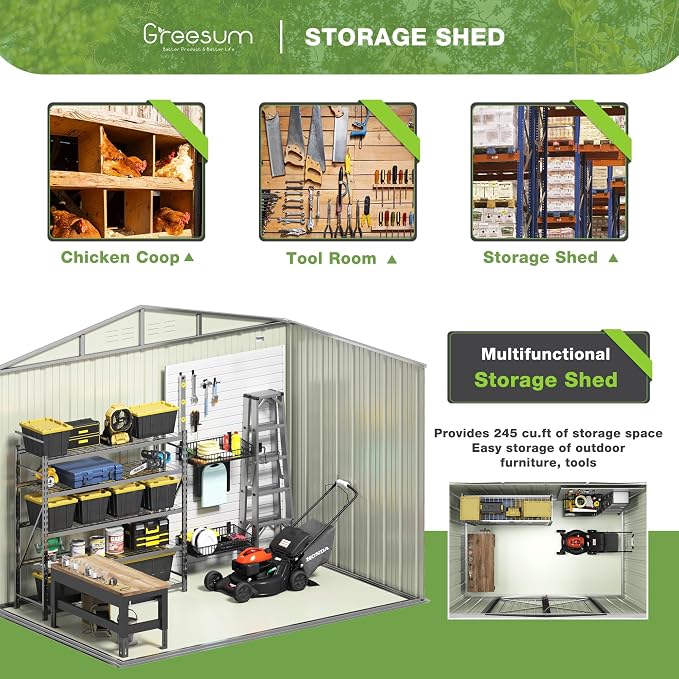 Greesum 8x6FT Outdoor Storage Shed, Utility Tool Shed with Sloping Roof, Metal Storaged Garden Shed with Door & Lock for Patio Storage, Brown - Image 4