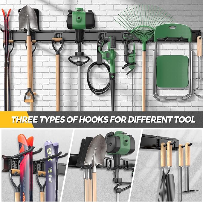 LBT 66" Garage Tool Organizer Wall Mount - 720lbs Garden Tool Organizer with Adjustable Hooks, Heavy Duty Metal Garage Storage Rack, Anti-Rust Shed Rack Holder Hanging Rake Broom Mower Snowboard - Image 6