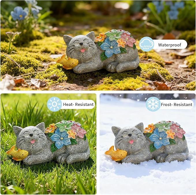 Solar Cat Garden Statue with 6 LED Lights-Outdoor Decorative Cat Figurine Lighting for Patio,Yard,Lawn-Waterproof Animal Statue,Unique Home Garden Decor Unique Housewarming Gifts