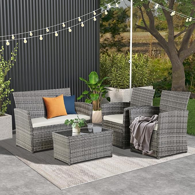 4 Piece Patio Furniture Set, Outdoor Wicker Conversation Set with Coffee Table, Modern Weather-Resistant Rattan for Porch Garden Lawn, Gray Wicker/Beige Cushion