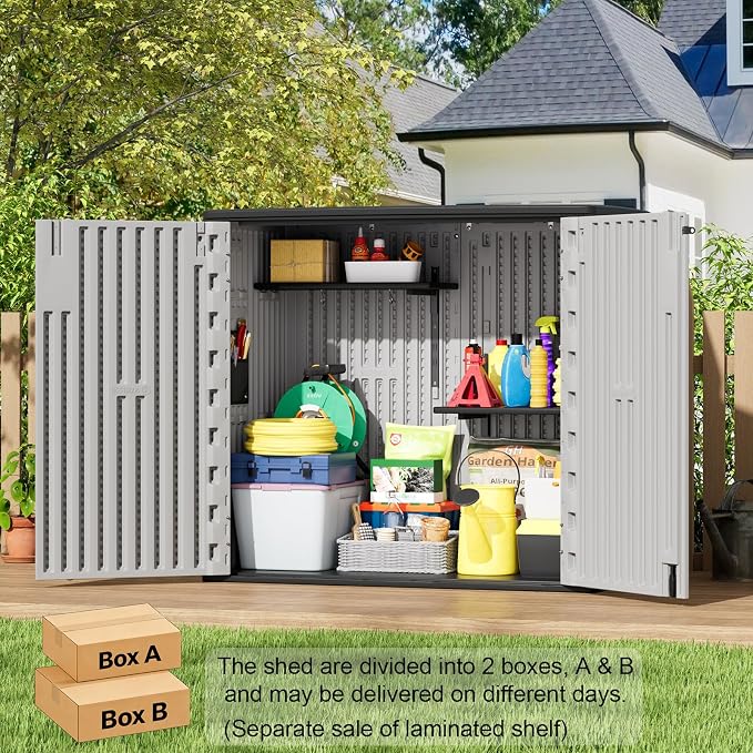 ZZM 37 Cu.ft Outdoor Storage Shed Double-Wall HDPE Storage Cabinet, Waterproof Plastic Sheds with Floor Horizontal Lockable Garden Tools Trash Can, Lawn Mower, Bike Storage, Gray - Image 2
